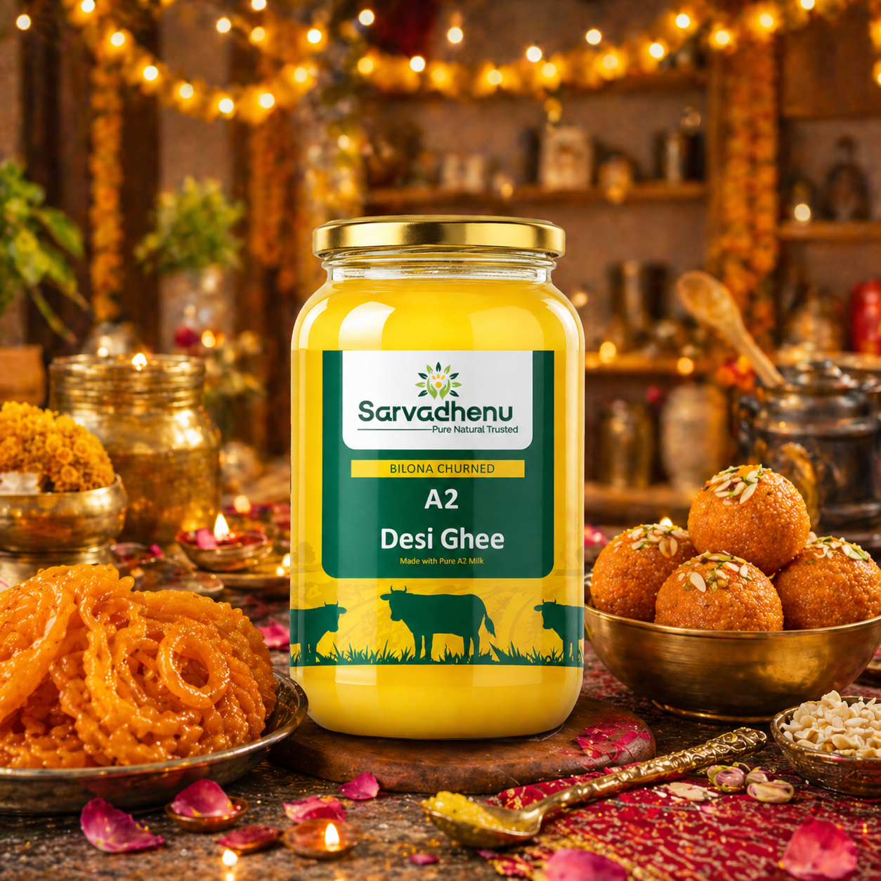 Pure Sarvadhenu A2 Desi Cow Ghee in a glass jar, made from A2 cow milk using bilona method, natural and organic.