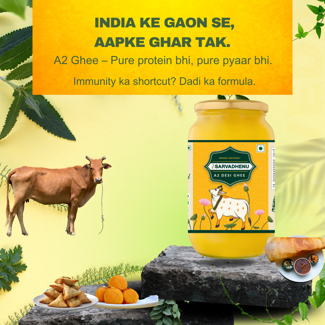 Pure A2 Bilona Desi Ghee made from Indian Sahiwal cow milk, ideal for traditional cooking and Ayurvedic use.