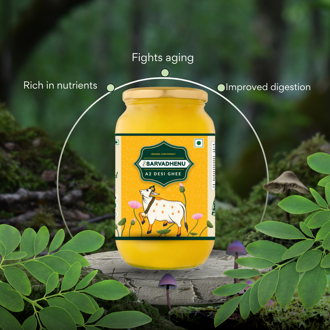 Golden yellow Sarvadhenu A2 Ghee in premium glass packaging, ideal for traditional Indian recipes and rituals.