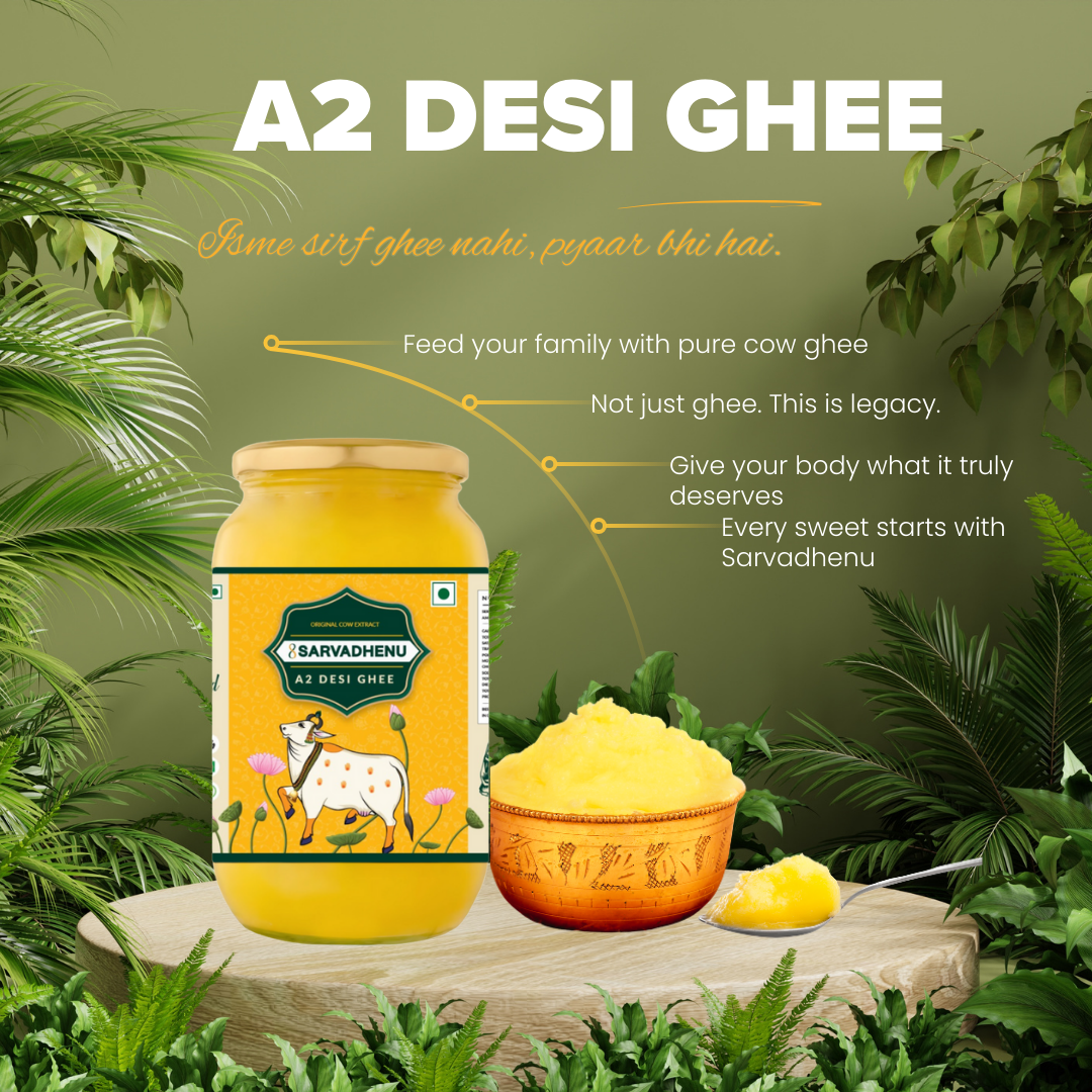 Sarvadhenu A2 Desi Ghee in a glass jar with traditional packaging, showcasing golden purity and premium quality.