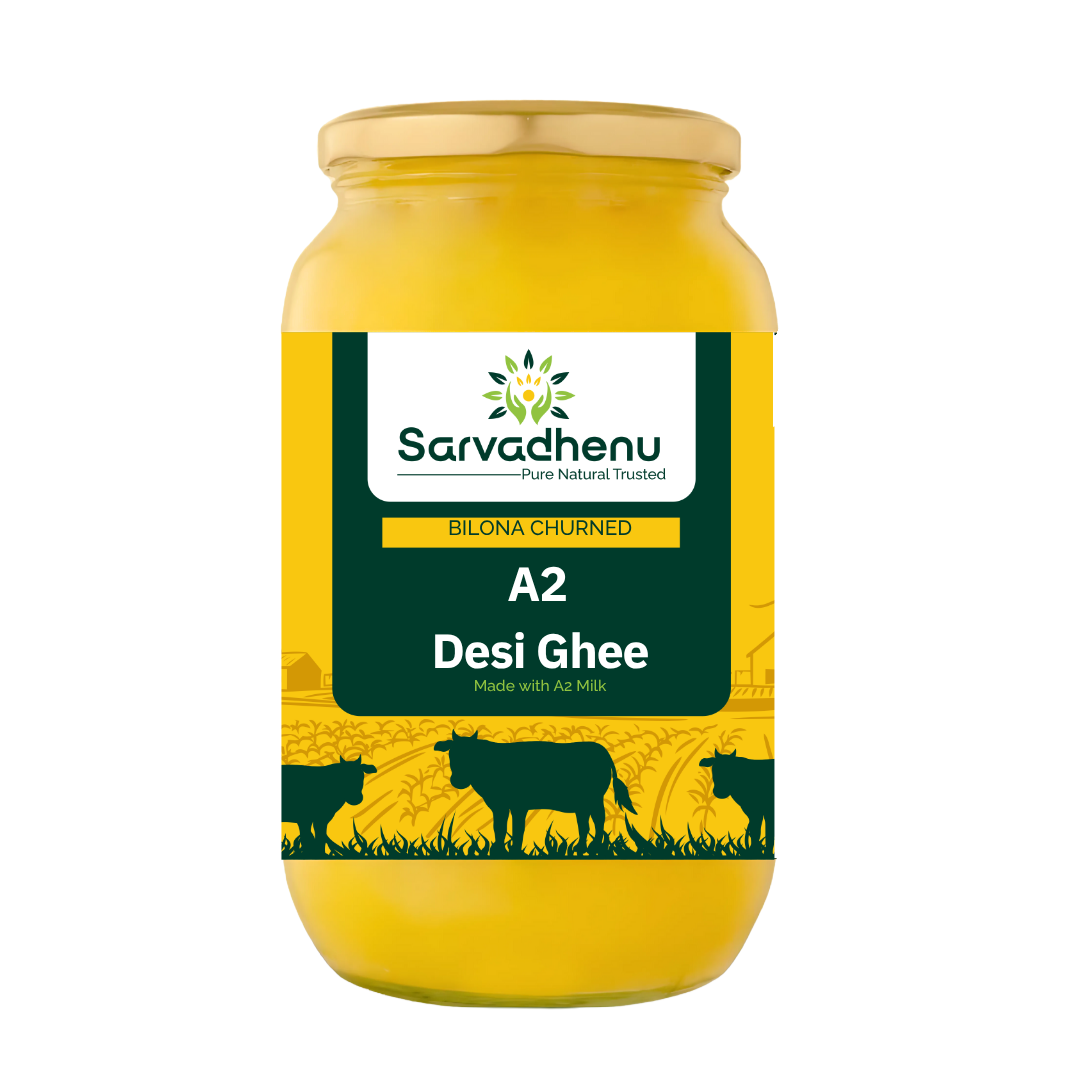A 2-liter glass jar of Sarvadhenu Organic Farms A2 Desi Ghee made from Sahiwal cows using bilona method, farm-made in a bulk family pack.