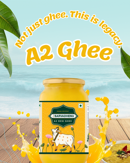 Traditional handmade A2 Bilona Ghee made from grass-fed desi cow milk, stored in eco-friendly glass packaging.