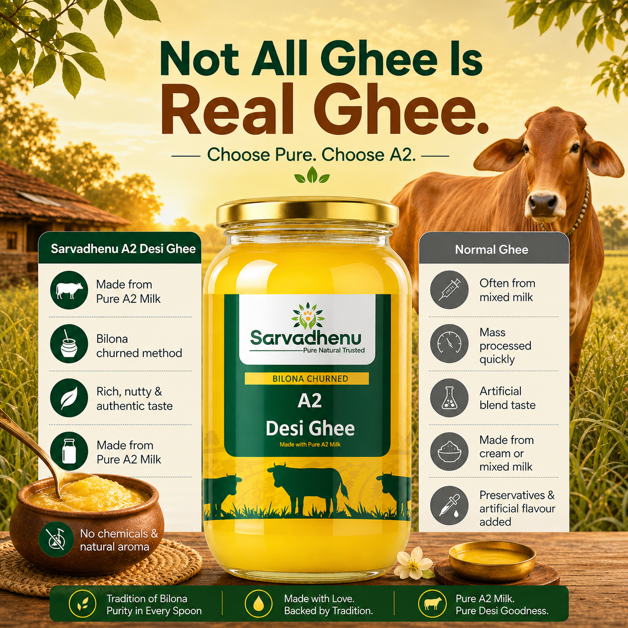 Organic Sarvadhenu A2 Desi Cow Ghee in a glass jar, made from A2 cow milk using Bilona method, 500 ml.
