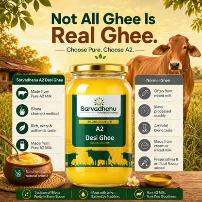 Organic Sarvadhenu A2 Desi Cow Ghee in a glass jar, made from A2 cow milk using Bilona method, 500 ml.
