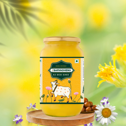 Rich and pure A2 Desi Ghee crafted through the Bilona method, perfect for Indian sweets, poojas, and festive cooking.