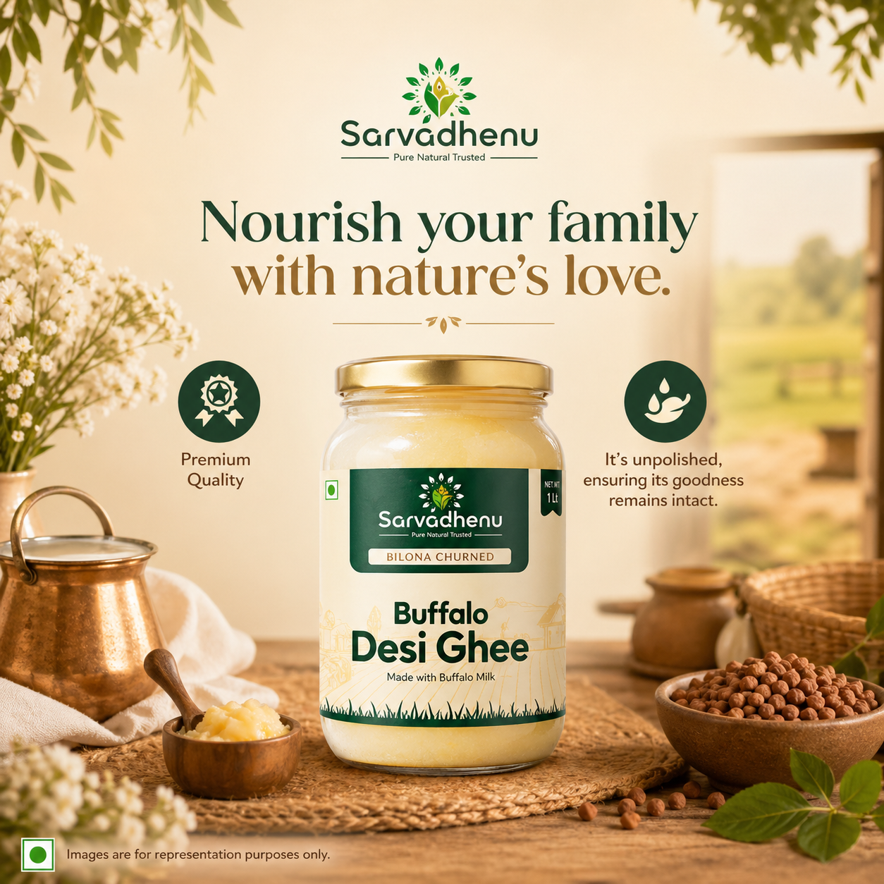 Pack of Sarvadhenu Buffalo Desi Ghee in a 2-liter family pack, showcasing thick texture, pure bilona method, and high calcium content.