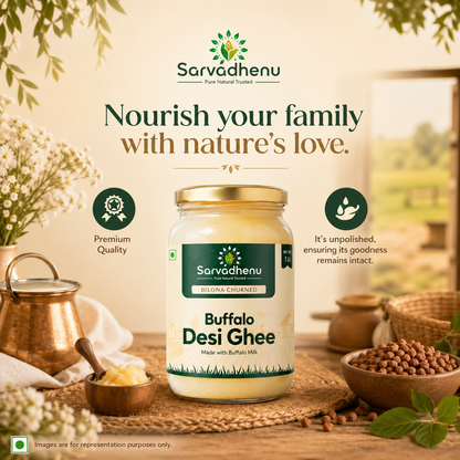 Pack of Sarvadhenu Buffalo Desi Ghee in a 2-liter family pack, showcasing thick texture, pure bilona method, and high calcium content.