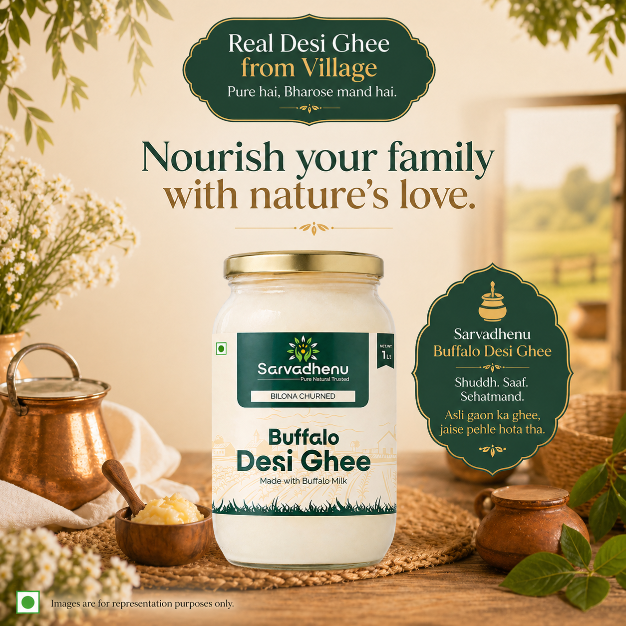 Jar of Sarvadhenu Buffalo Desi Ghee with thick texture, high calcium, pure, no additives, 2-liter family pack from Sarvadhenu Organic Farm