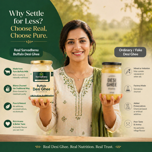 Jar of Sarvadhenu Buffalo Desi Ghee with thick texture and high calcium, showcasing pure, additive-free desi ghee from Sarvadhenu Organic Farm