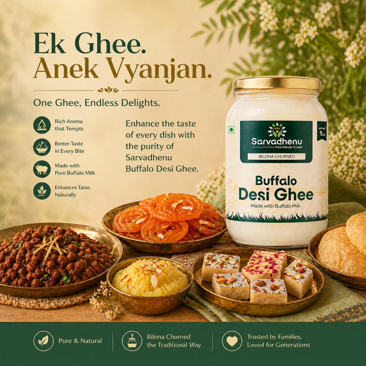 Sarvadhenu Buffalo Desi Ghee in a jar, showcasing thick texture, pure quality, and high calcium content from Sarvadhenu Organic Farm.