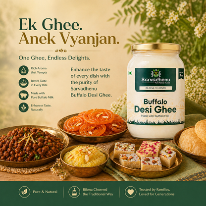 Sarvadhenu Buffalo Desi Ghee in a jar, showcasing thick texture, pure quality, and high calcium content from Sarvadhenu Organic Farm.