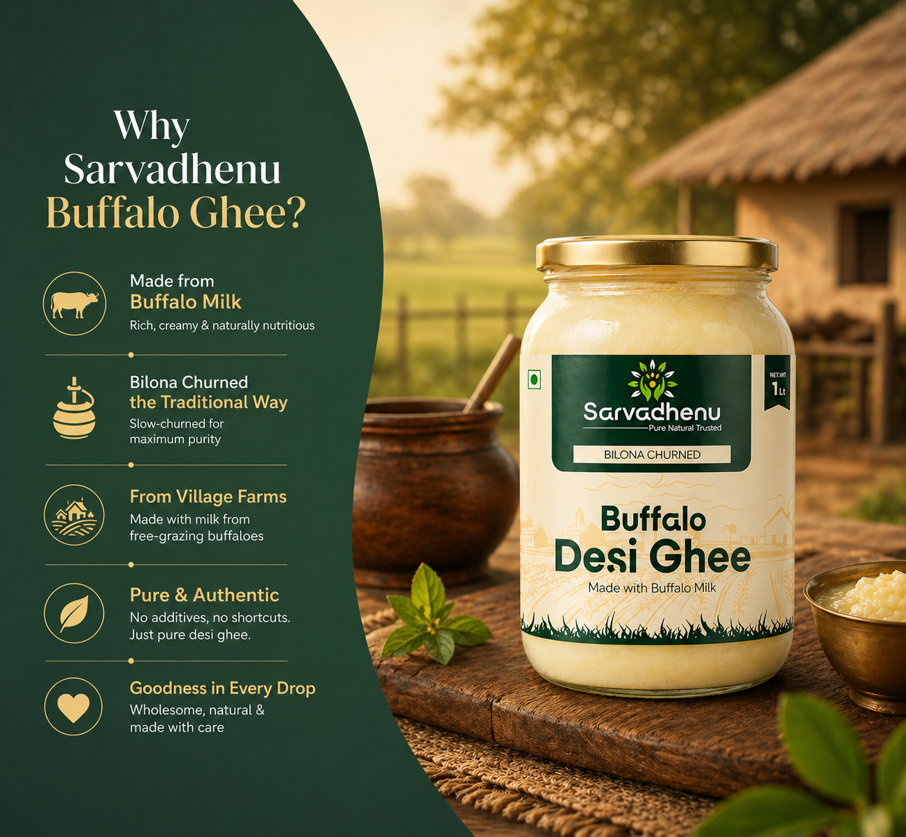 Jar of Sarvadhenu Buffalo Desi Ghee with thick texture and high calcium, made using bilona method, in a family 2-liter pack.