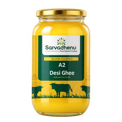 Sarvadhenu A2 Desi Cow Ghee in 5-liter bulk pack, made from Sahiwal cow, pure, preservative-free, ideal for festivals and pooja.
