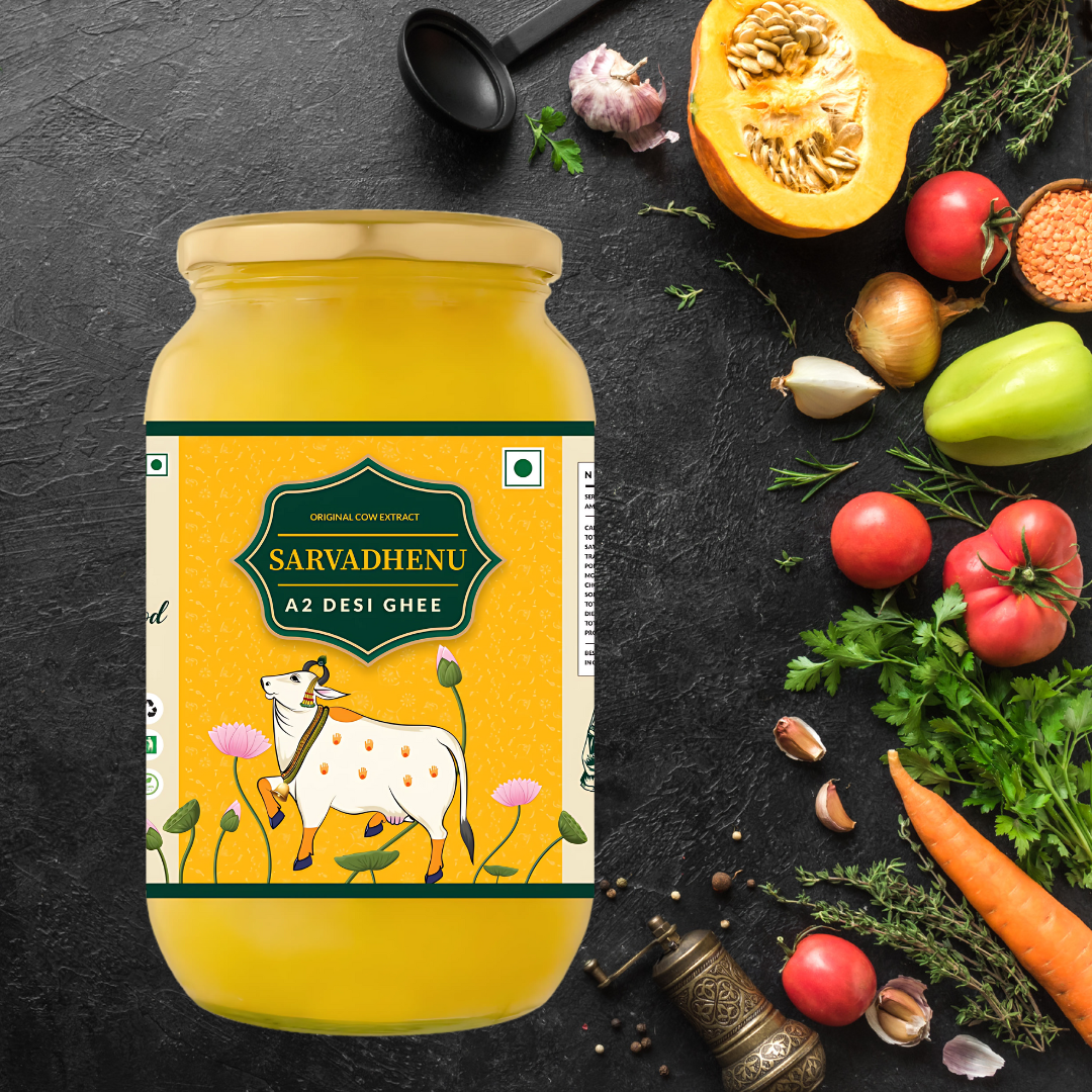 Traditional methods used by Sarvadhenu to produce 1 kg A2 desi cow ghee. Affordable and natural cow ghee price online.